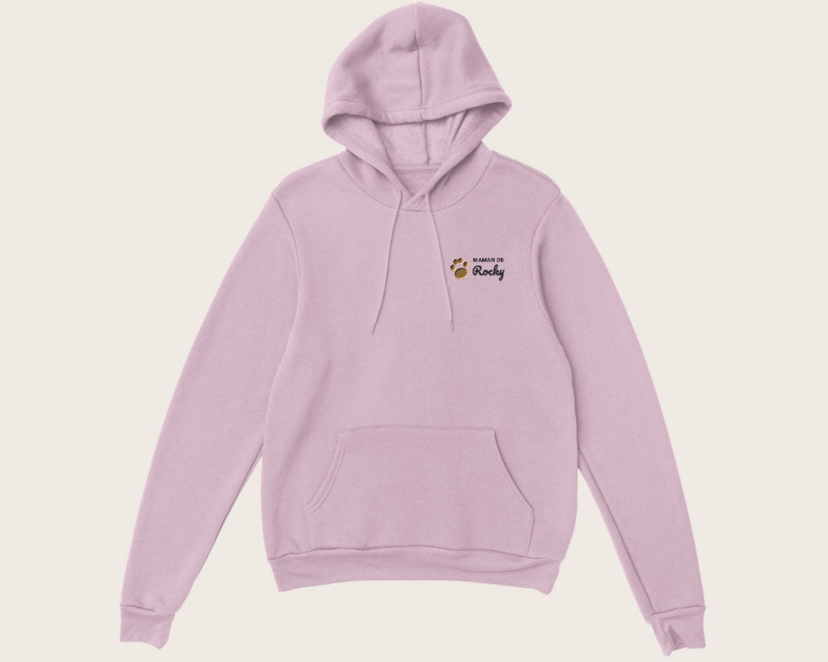 Sweat brodé « Maman de » avec le nom de votre chien – sweat à capuche rose clair