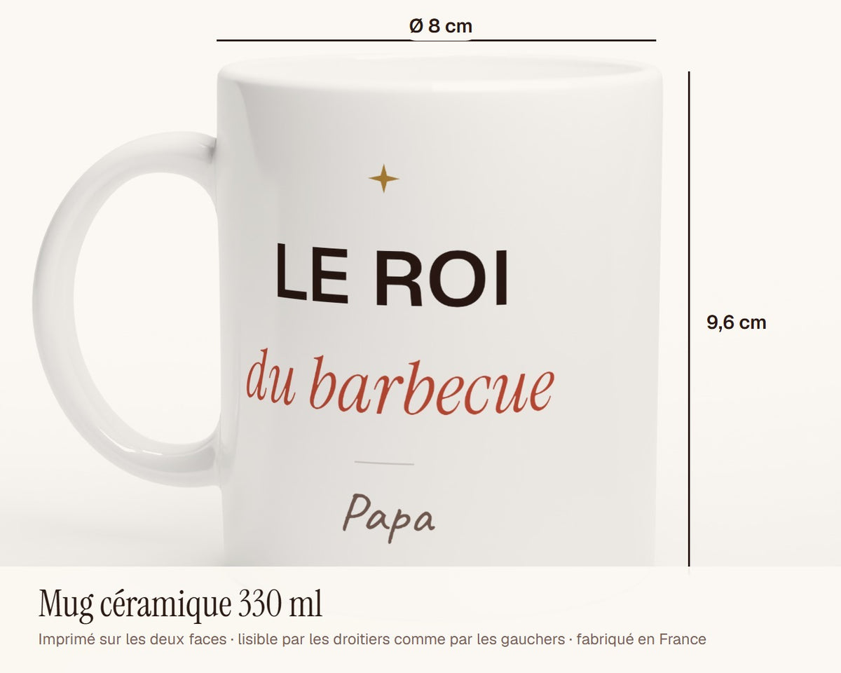 Mug humour « Le roi du barbecue » personnalisé – dimensions : 9,6 cm de haut, 8 cm de diamètre, 330 ml