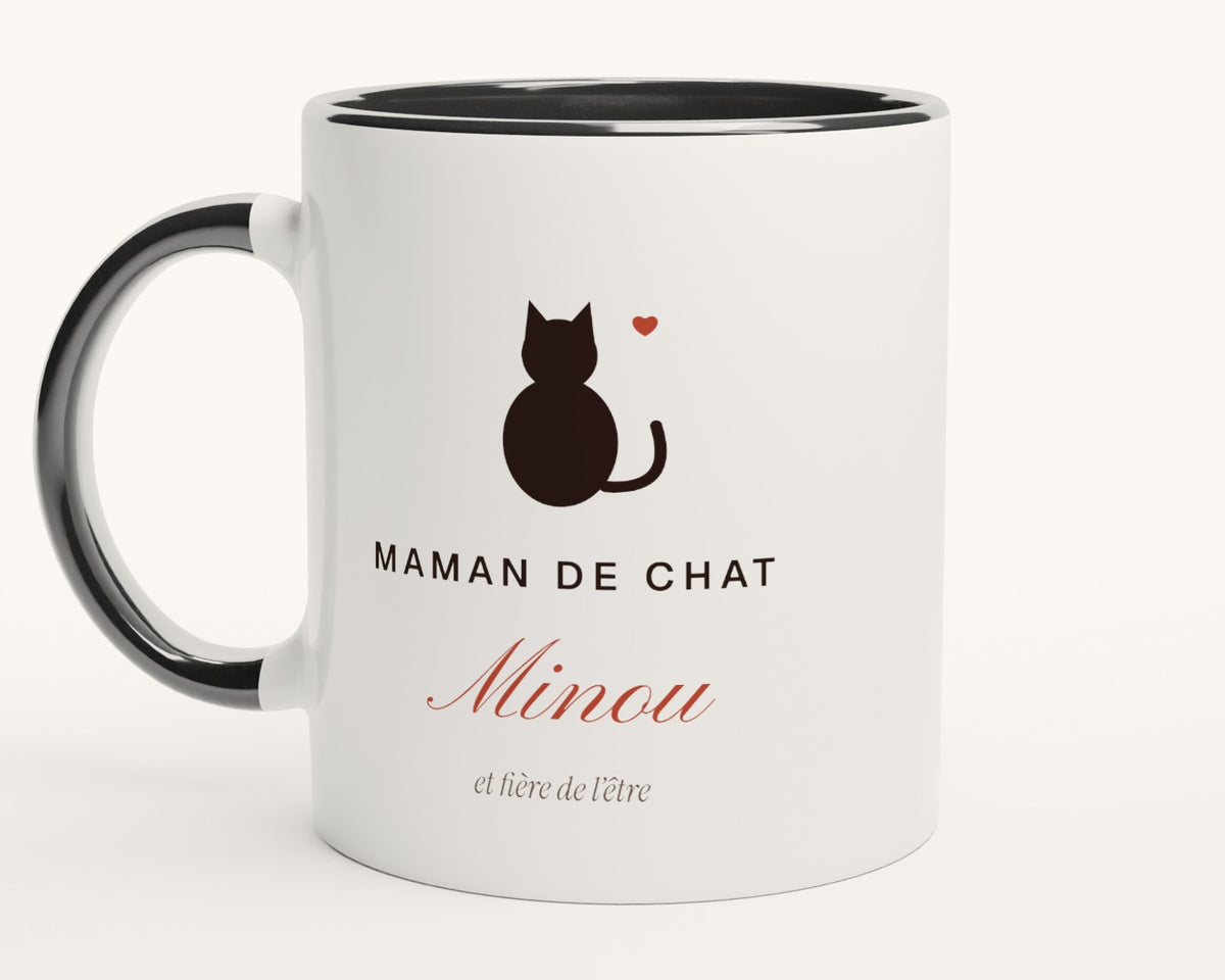 Mug « Maman de chat » personnalisé avec son nom – intérieur et anse noirs