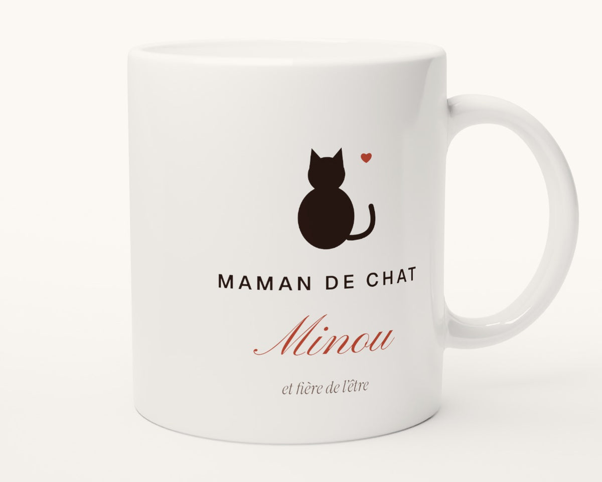 Mug « Maman de chat » personnalisé avec son nom – autre face, anse à droite