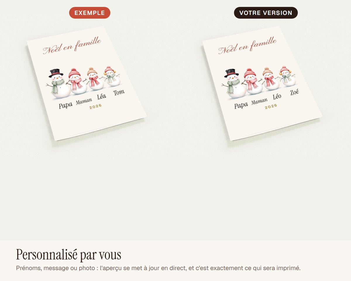 Carte de Noël bonshommes de neige personnalisée (lot de 10) – exemple de personnalisation