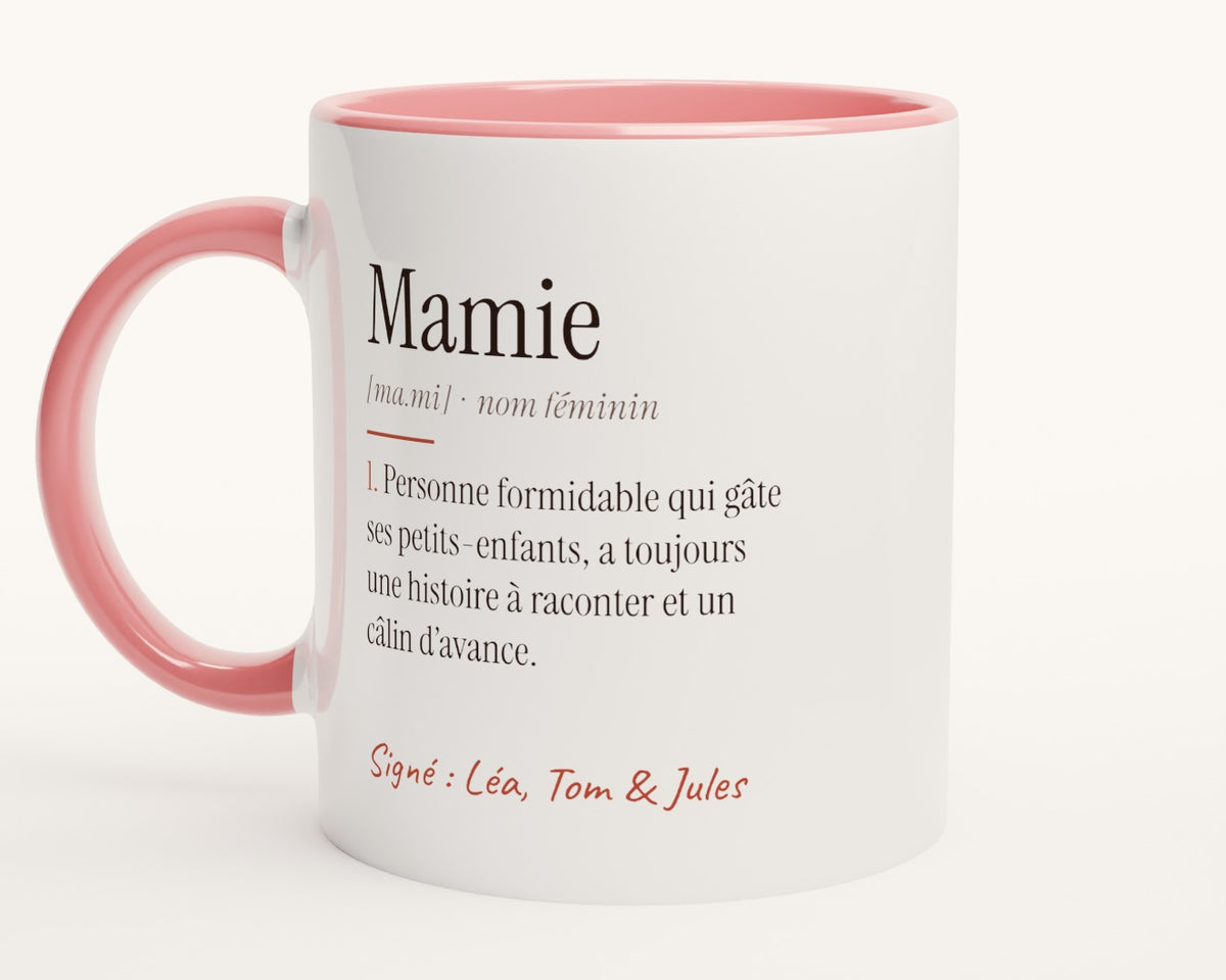Mug « Définition de Mamie » personnalisé – intérieur et anse roses