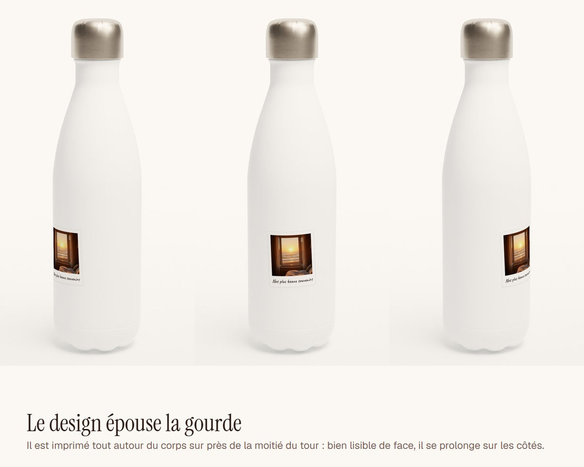 Gourde personnalisée photo façon polaroïd – le design vu de face et de côté