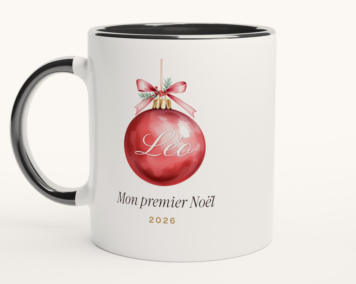 Mug « Mon premier Noël » personnalisé avec prénom – intérieur et anse noirs