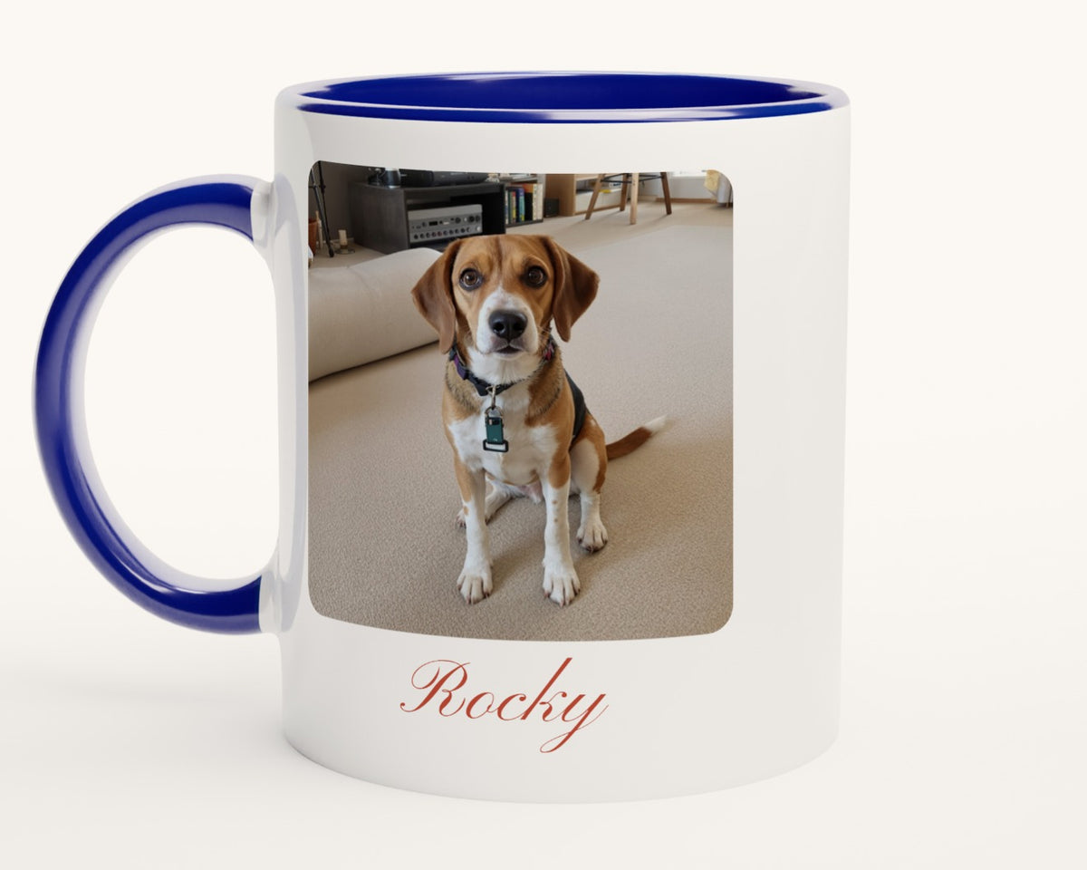 Mug photo personnalisé avec texte – intérieur et anse bleus
