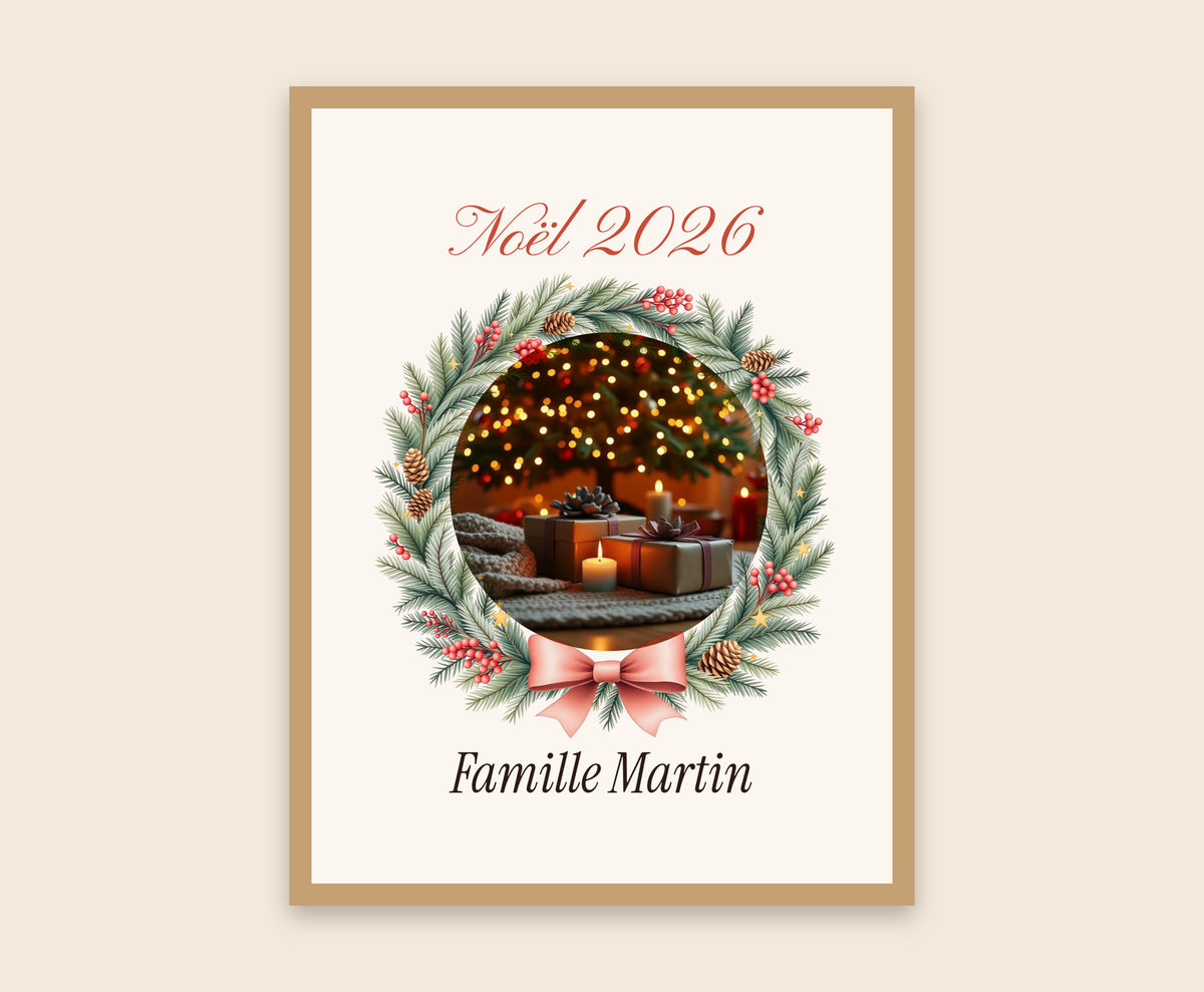 Affiche photo de Noël personnalisée dans une couronne – Affiche encadrée bois