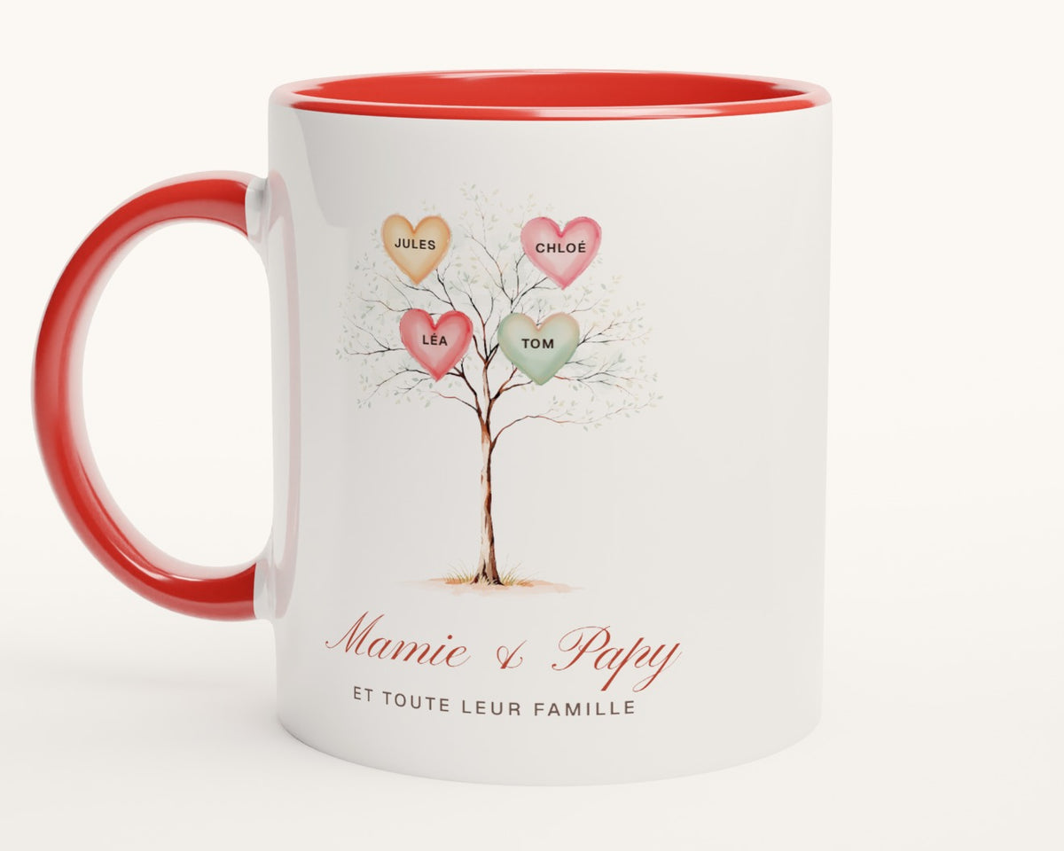 Mug arbre de famille personnalisé « Mamie & Papy » – intérieur et anse rouges
