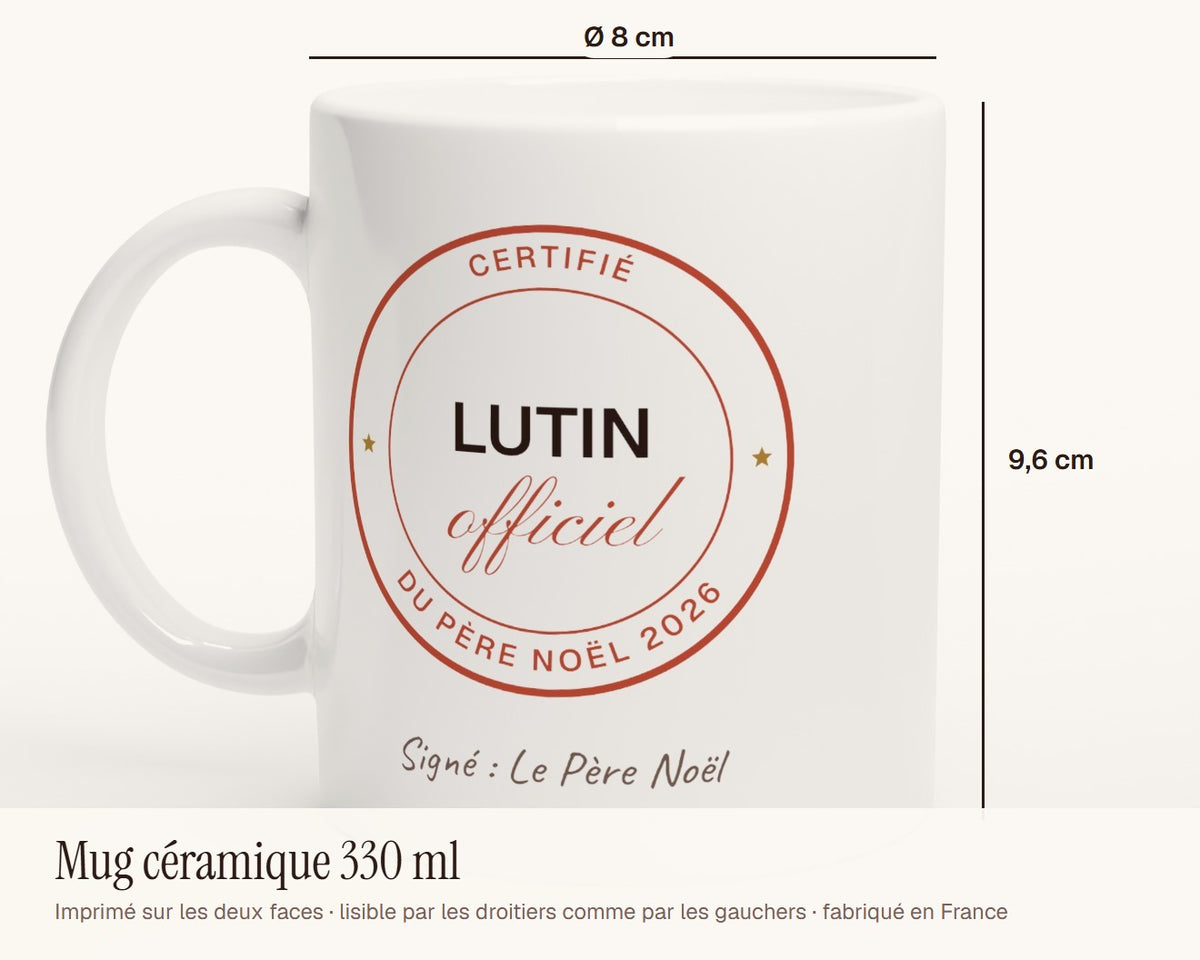 Mug enfant « Lutin officiel du Père Noël » personnalisé – dimensions : 9,6 cm de haut, 8 cm de diamètre, 330 ml