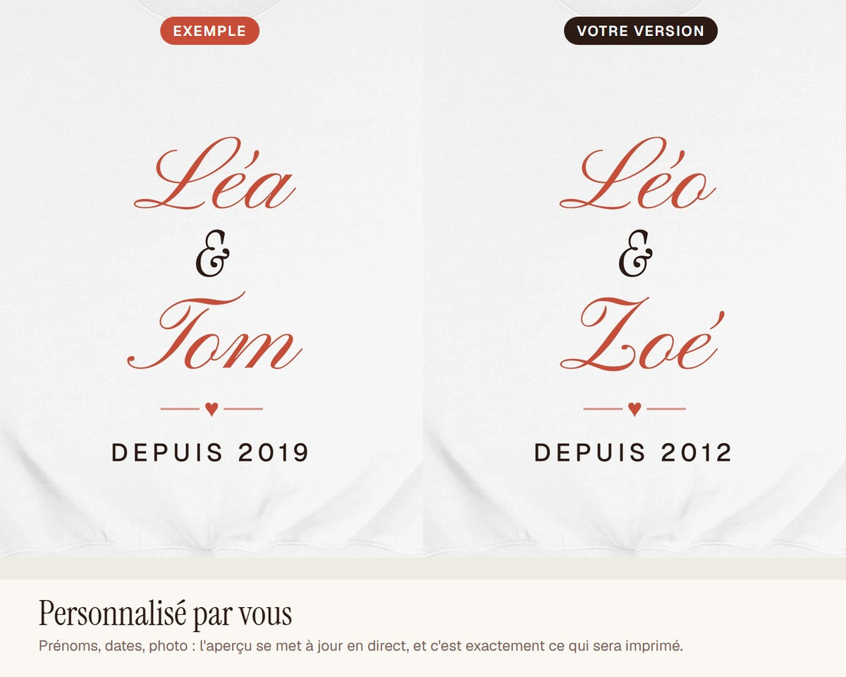 Sweat couple personnalisé avec vos prénoms – exemple de personnalisation