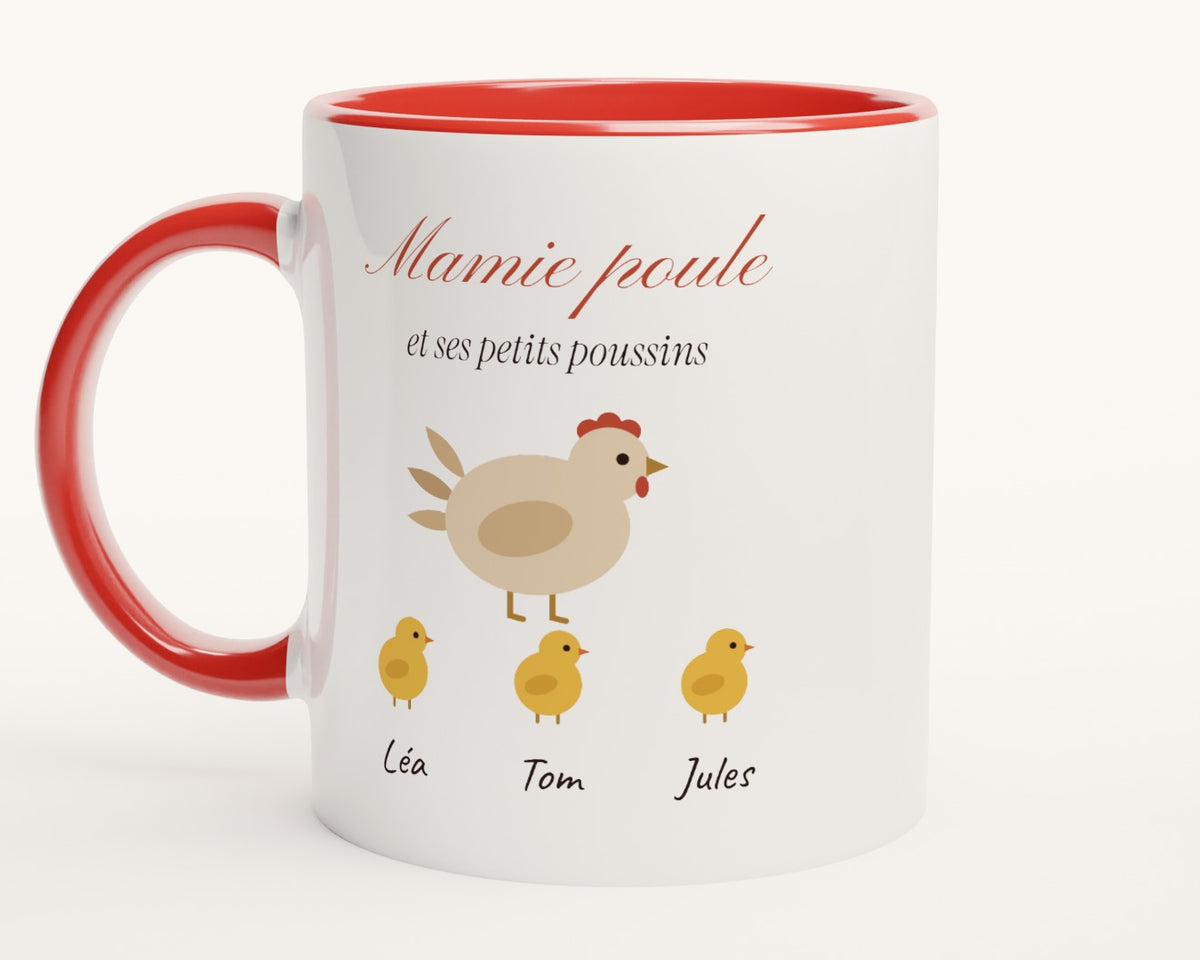 Mug « Mamie poule » personnalisé avec les prénoms des poussins – intérieur et anse rouges