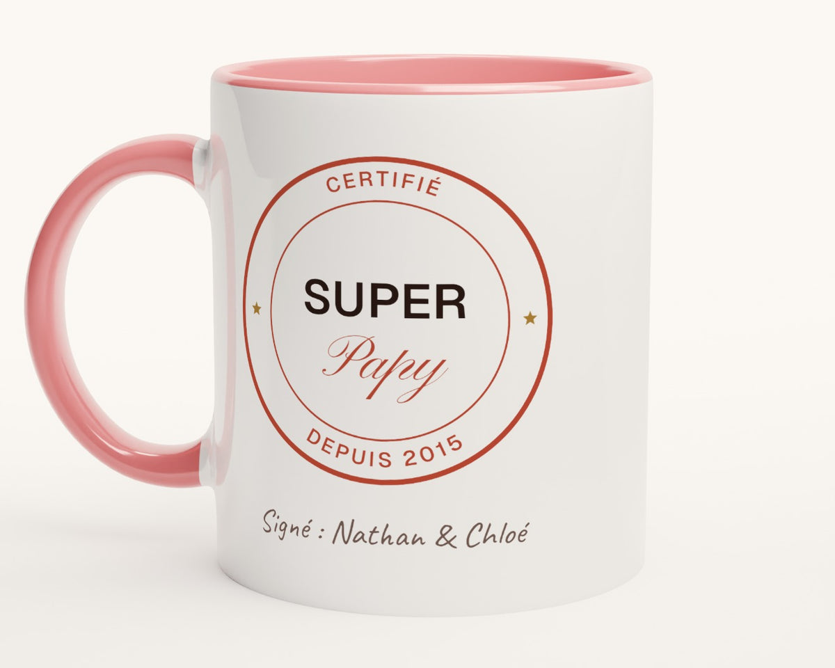 Mug « Super Papy certifié » personnalisé – intérieur et anse roses