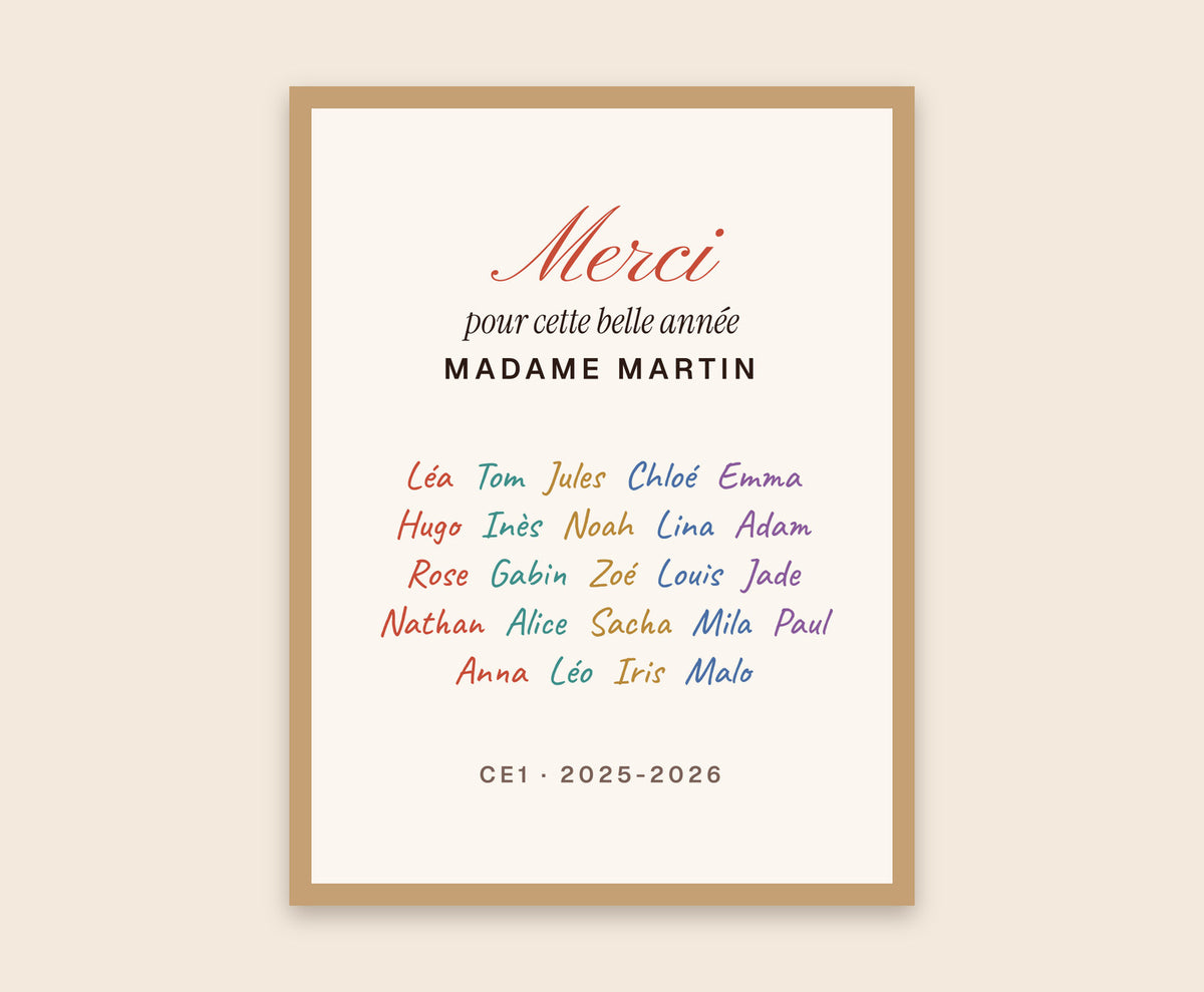 Affiche « Merci » avec les prénoms de toute la classe – Affiche encadrée bois