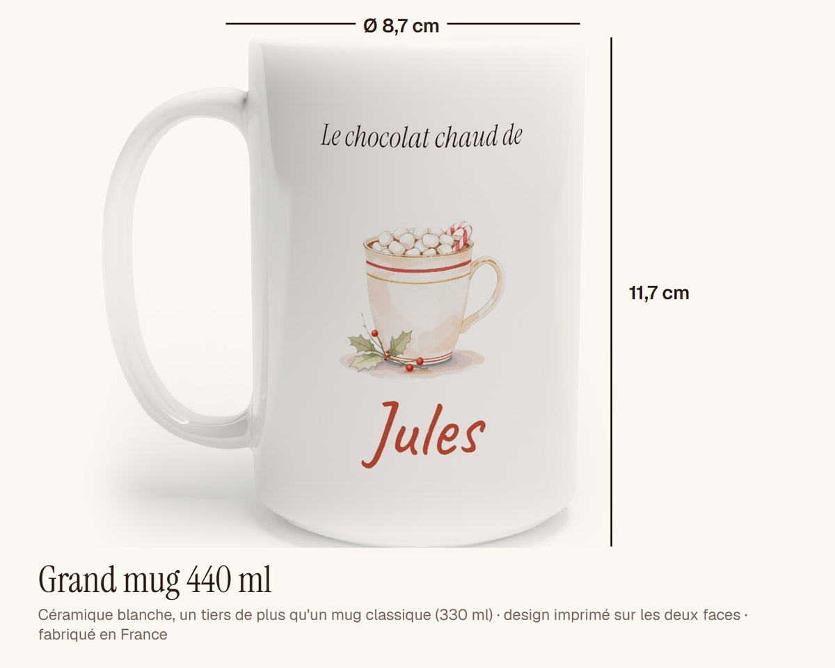 Mug enfant « Le chocolat chaud de… » personnalisé – grand mug 440 ml, 11,7 cm de haut