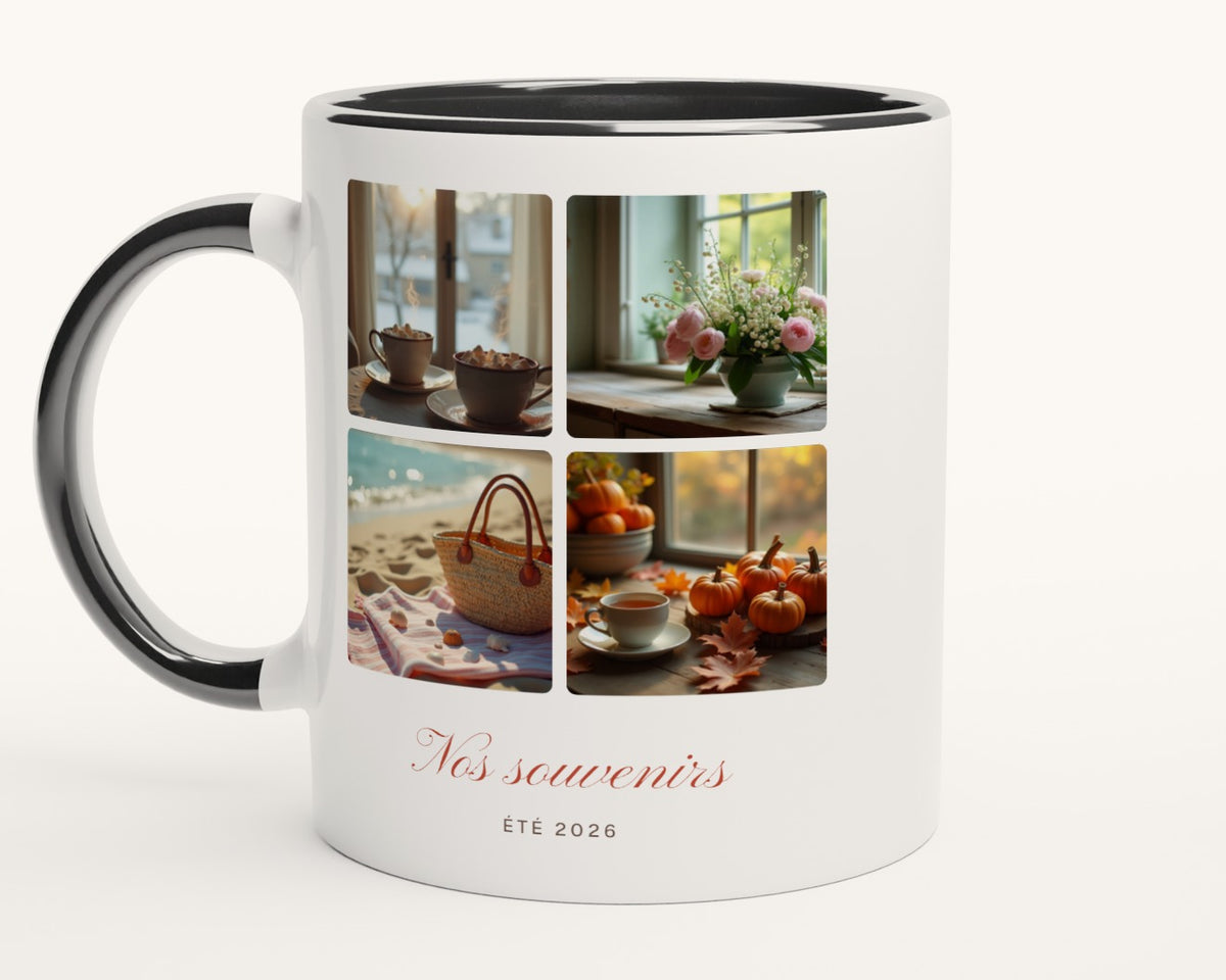 Mug collage 4 photos personnalisé – intérieur et anse noirs