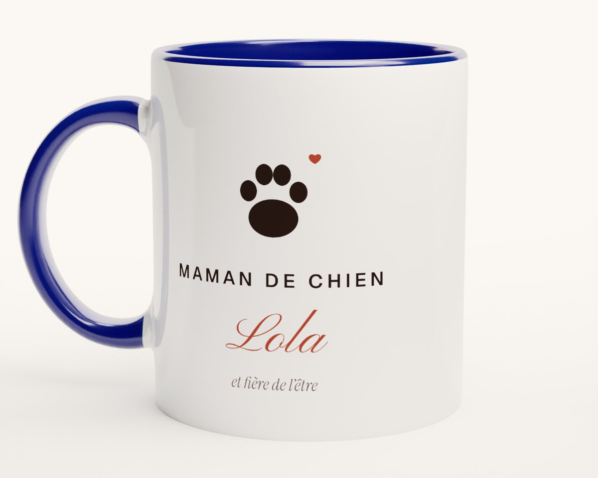 Mug « Maman de chien » personnalisé avec son nom – intérieur et anse bleus