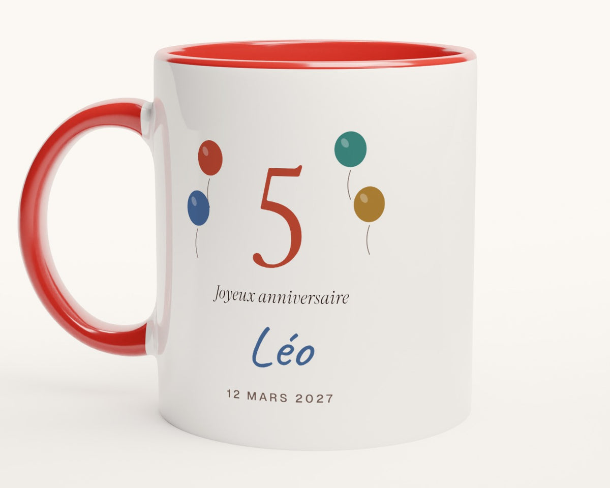 Mug anniversaire enfant personnalisé avec son âge – intérieur et anse rouges