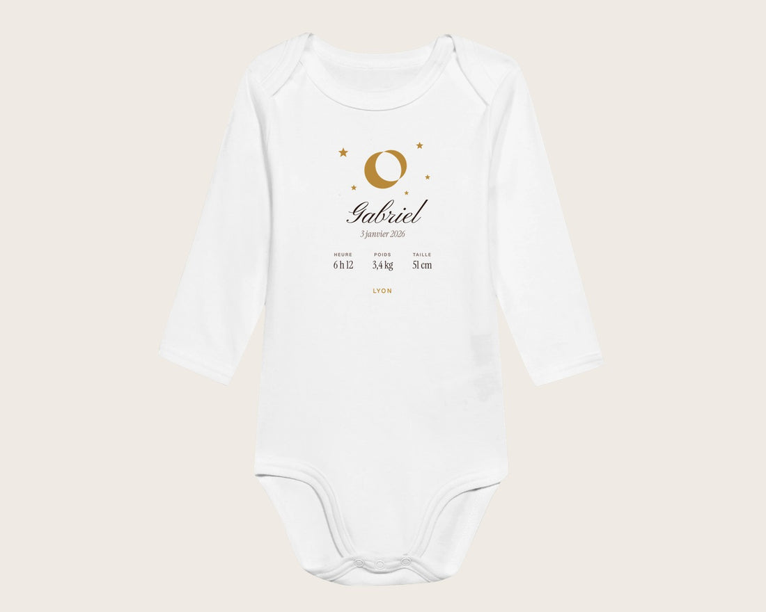 Body bébé personnalisé prénom, date et mensurations – body manches longues blanc