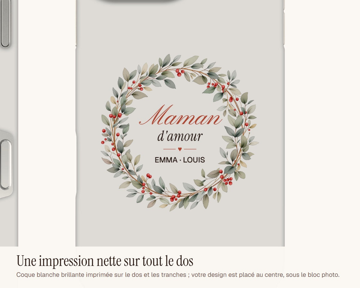 Coque de téléphone « Maman d'amour » personnalisée avec les prénoms – gros plan sur l'impression