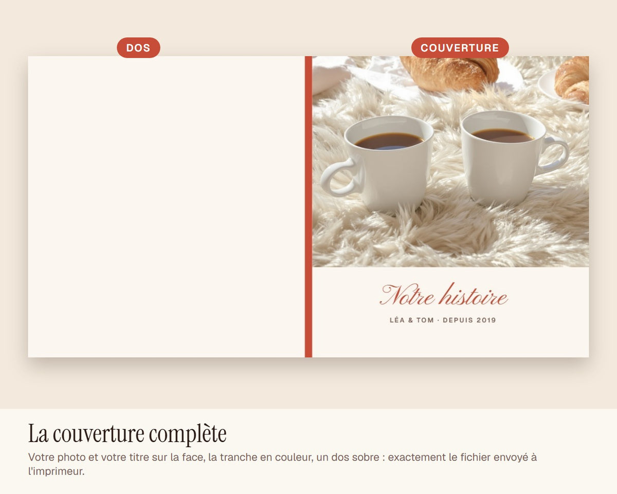 Livre photo de couple personnalisé « Notre histoire » – couverture à plat : dos, tranche et face