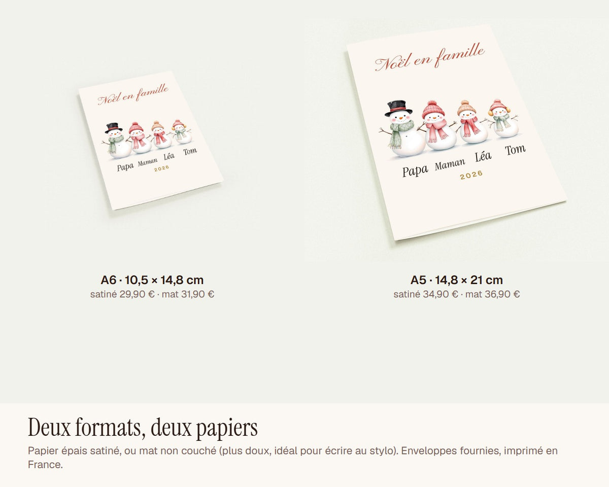 Carte de Noël bonshommes de neige personnalisée (lot de 10) – formats A6 et A5