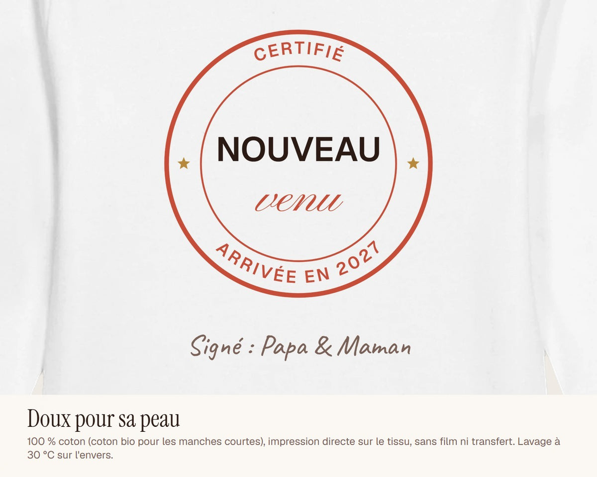Body bébé annonce de grossesse « Nouveau venu » personnalisé – gros plan sur l'impression