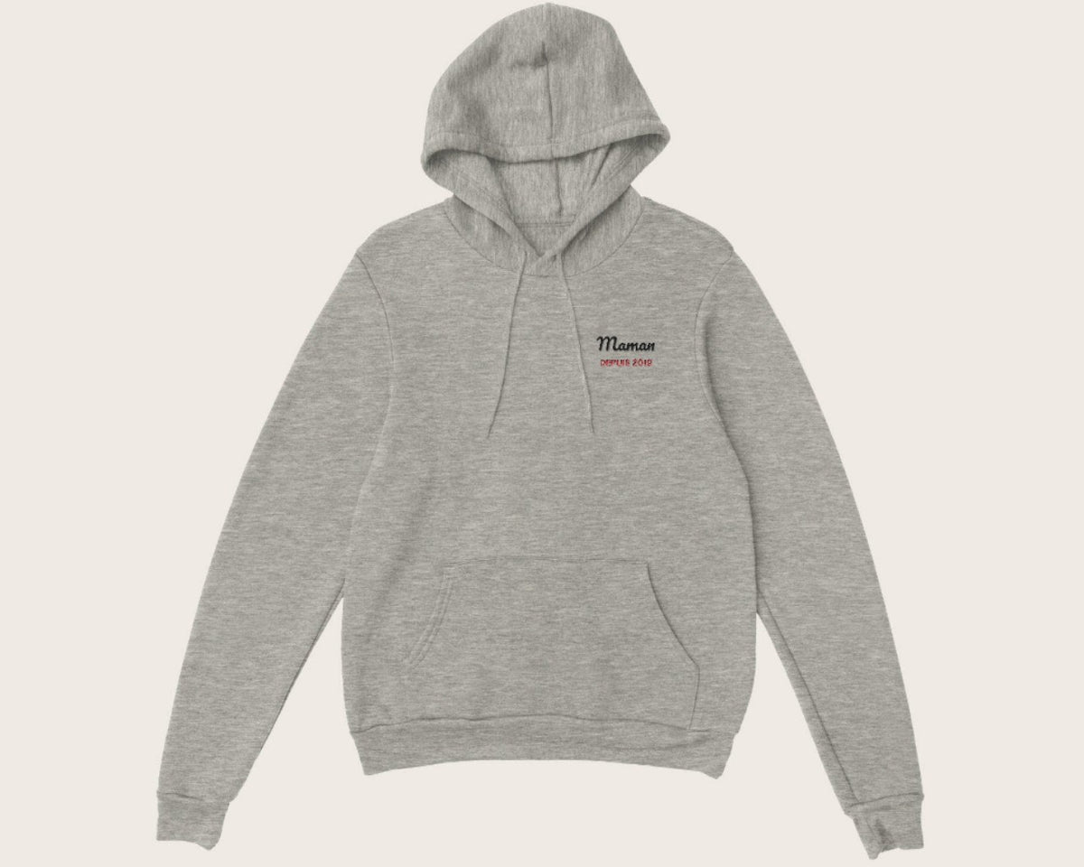 Sweat brodé « Maman depuis… » personnalisé – sweat à capuche gris chiné