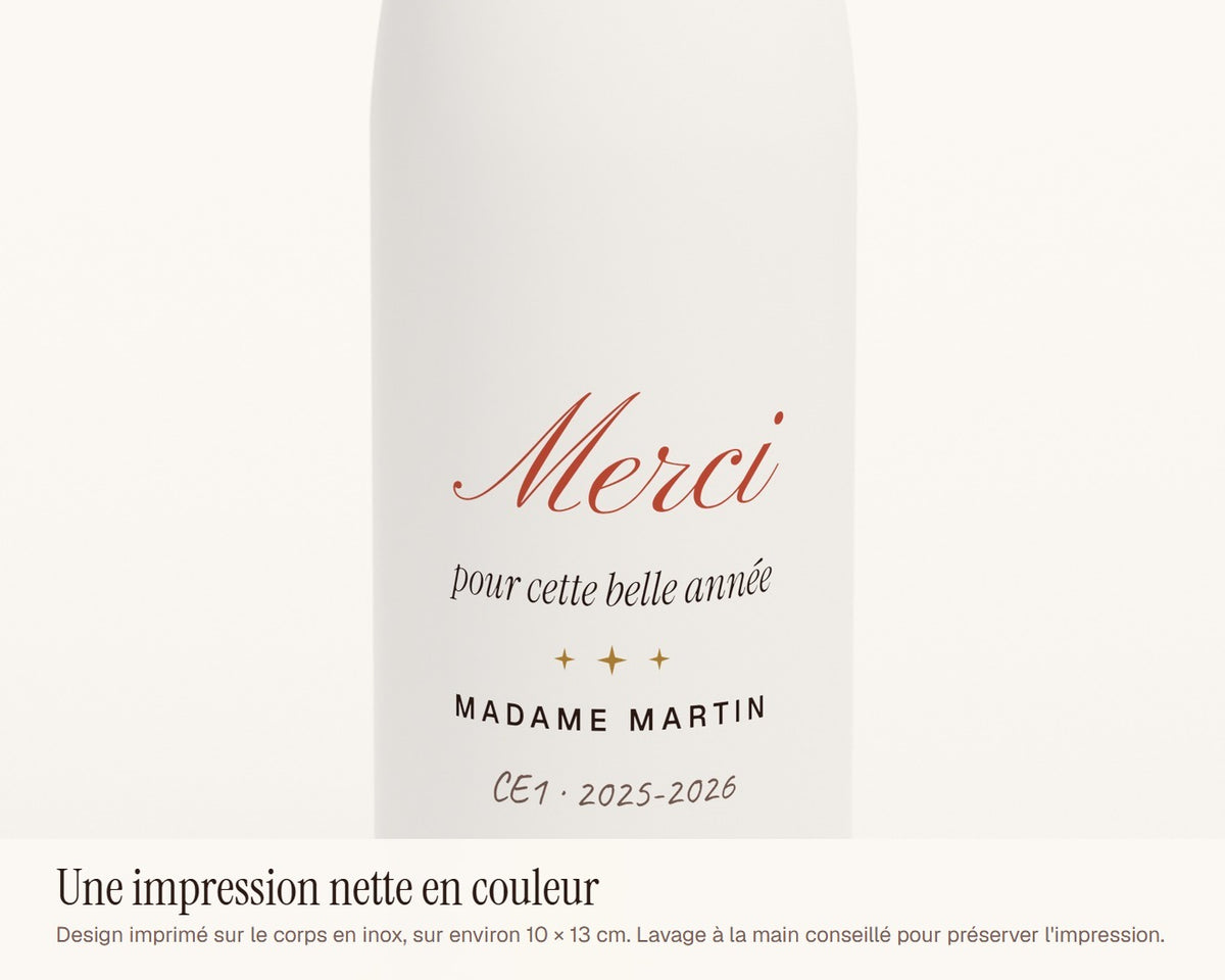 Gourde « Merci » personnalisée pour professeur – gros plan sur l'impression