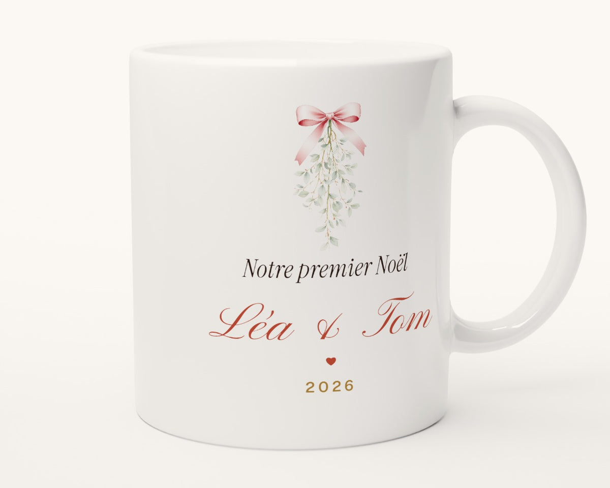 Mug « Notre premier Noël » en amoureux personnalisé – autre face, anse à droite