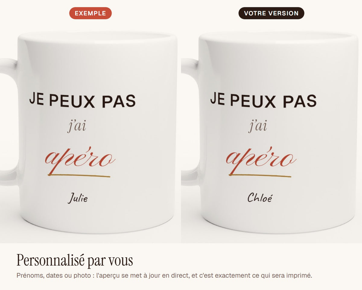 Mug humour « Je peux pas, j'ai apéro » personnalisé – exemple de personnalisation
