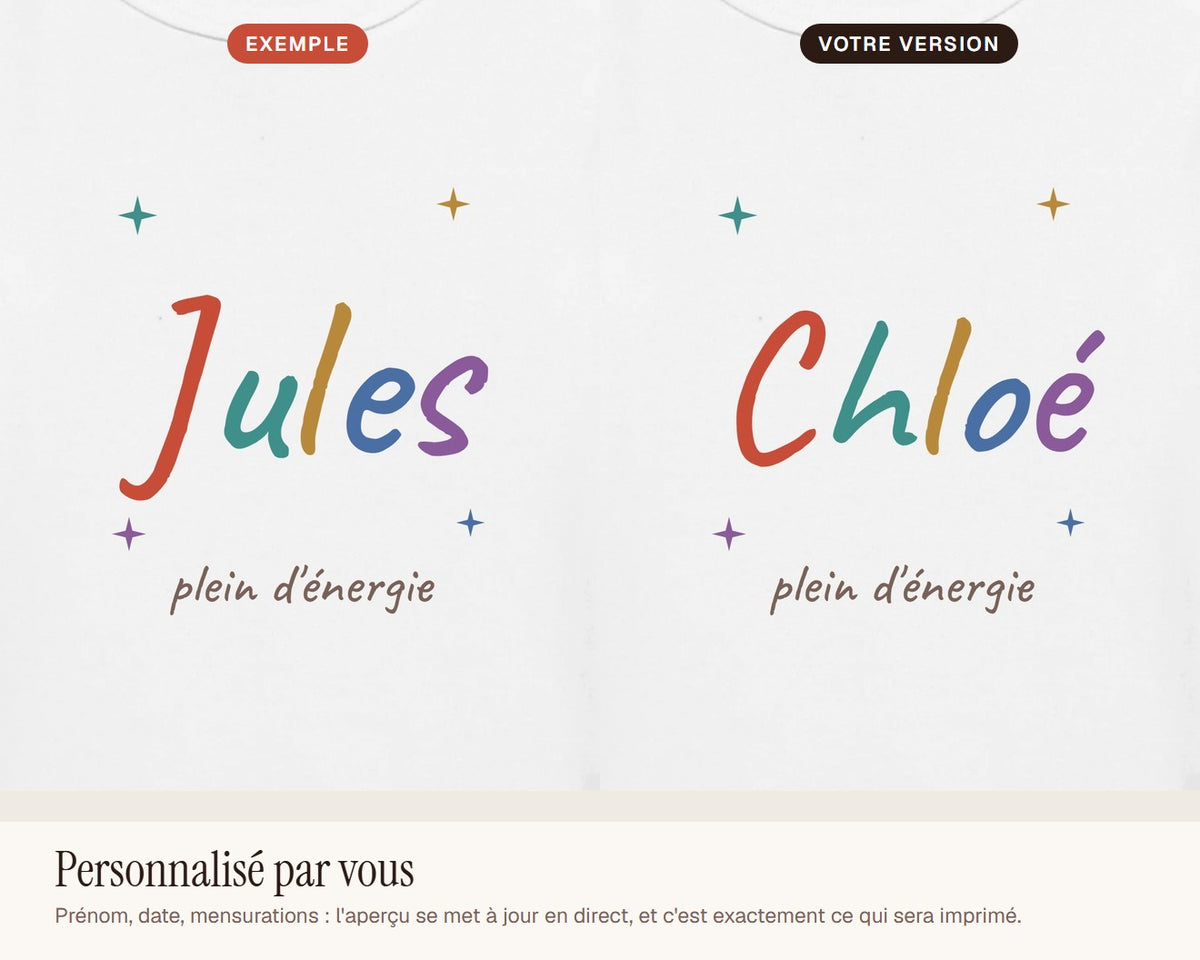 Body bébé personnalisé avec son prénom en couleurs – exemple de personnalisation