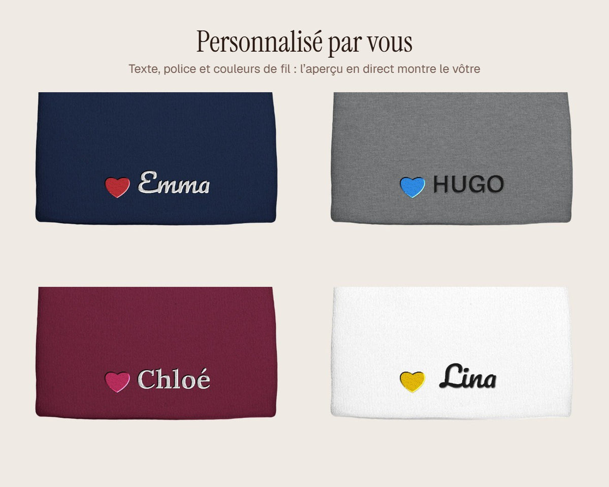 Exemples de personnalisation : Bonnet brodé prénom et petit cœur