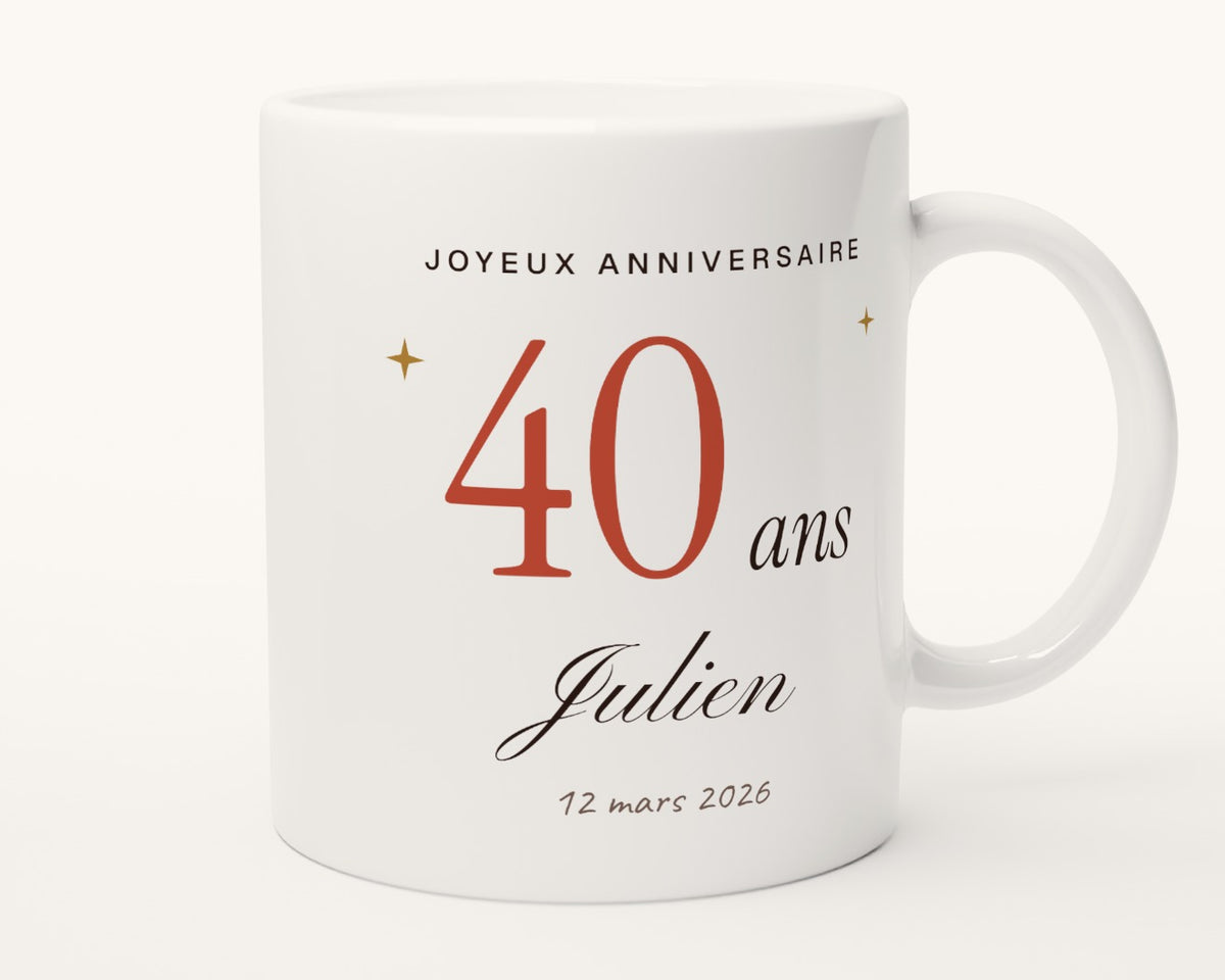 Mug personnalisé anniversaire avec l'âge et le prénom – autre face, anse à droite