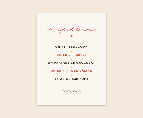 Affiche « Les règles de la maison » personnalisée – Affiche 30×40 cm