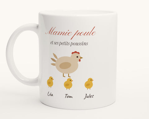 Mug « Mamie poule » personnalisé avec les prénoms des poussins – photo produit