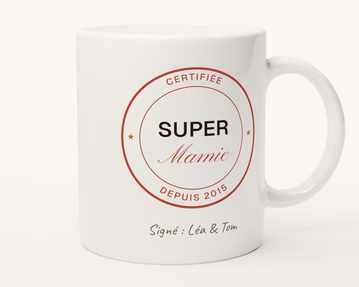Mug « Super Mamie certifiée » personnalisé – autre face, anse à droite