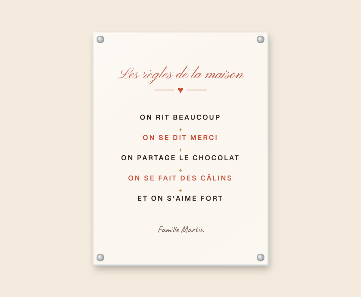 Affiche « Les règles de la maison » personnalisée – Tableau plexi 30×40 cm