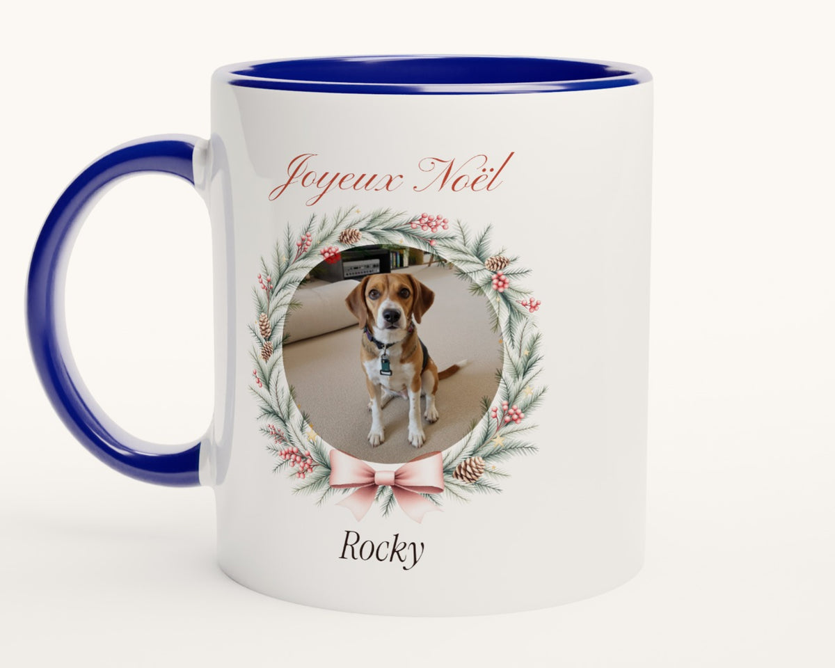 Mug de Noël avec la photo de votre chien – intérieur et anse bleus