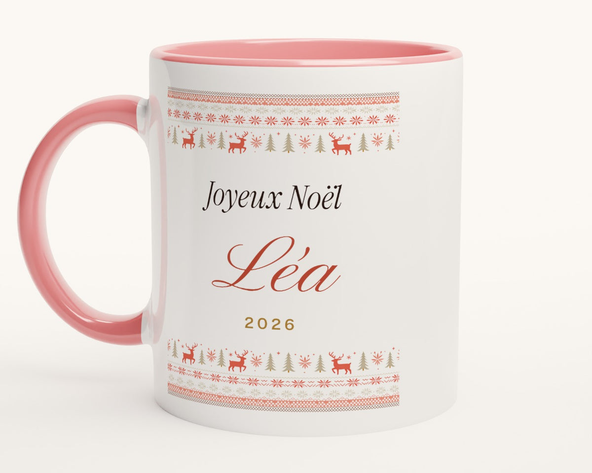 Mug « Pull de Noël » personnalisé avec prénom – intérieur et anse roses