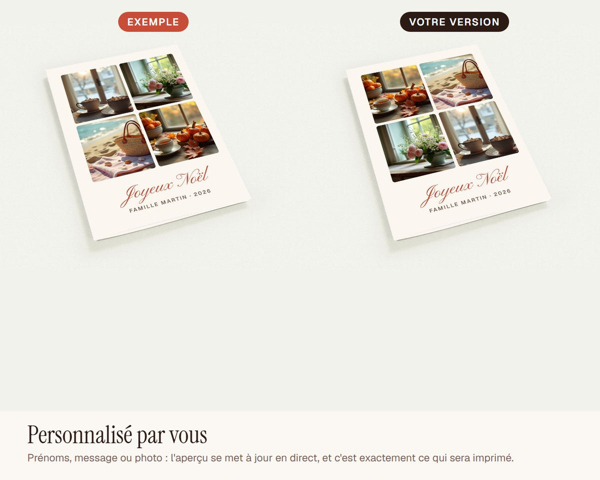Carte de Noël collage 4 photos personnalisée (lot de 10) – exemple de personnalisation