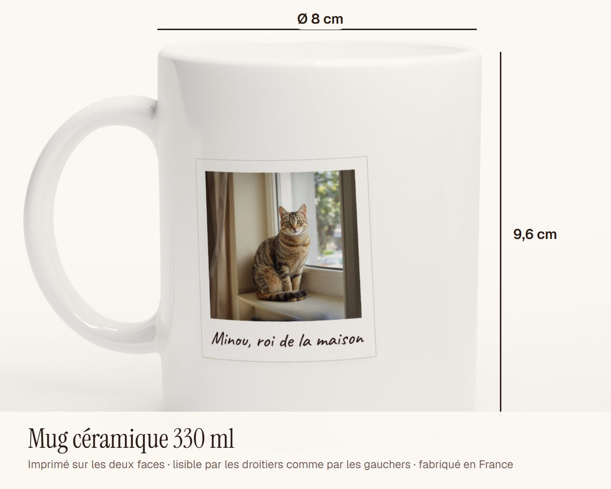 Mug personnalisé avec la photo de votre chat – dimensions : 9,6 cm de haut, 8 cm de diamètre, 330 ml