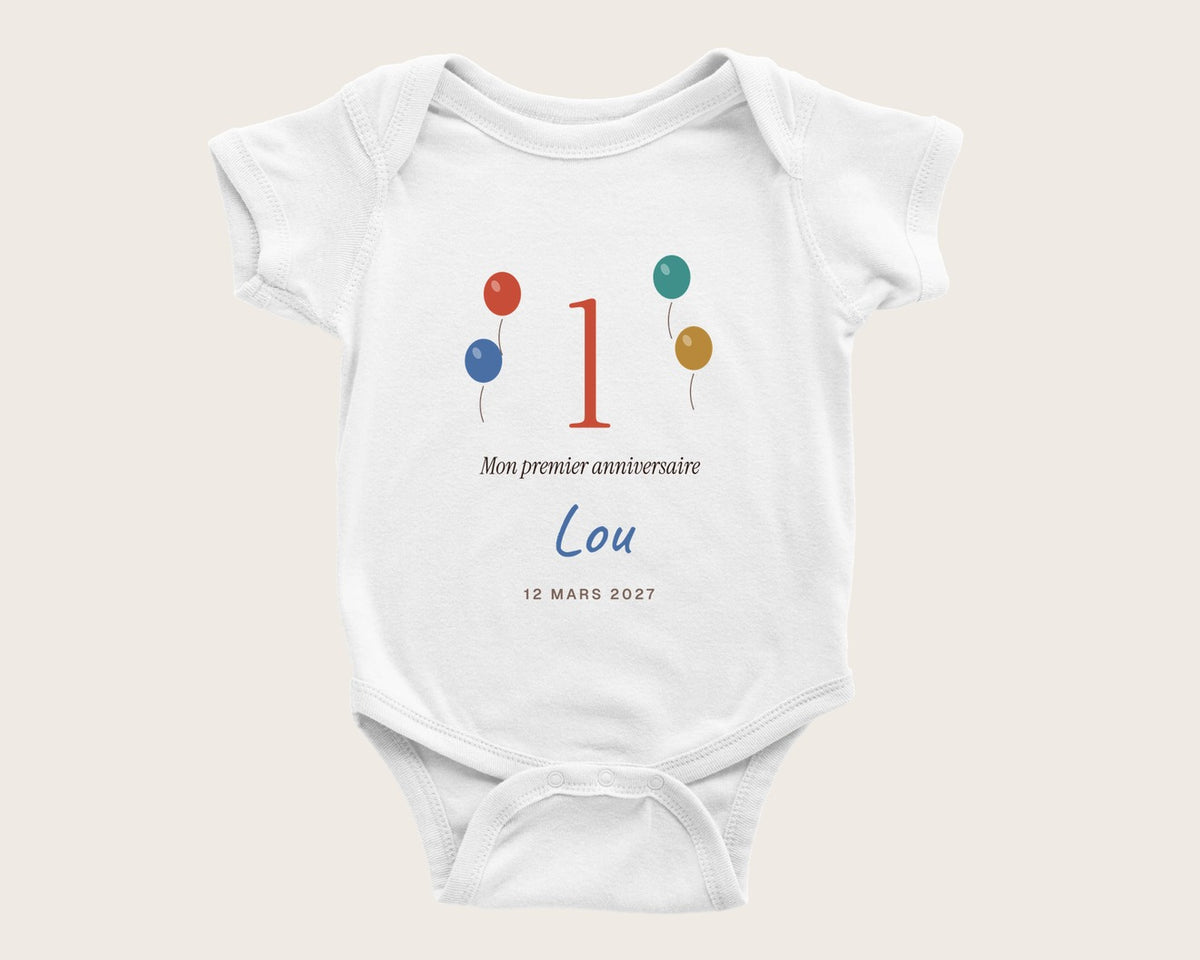 Body « Mon premier anniversaire » personnalisé – body manches courtes blanc