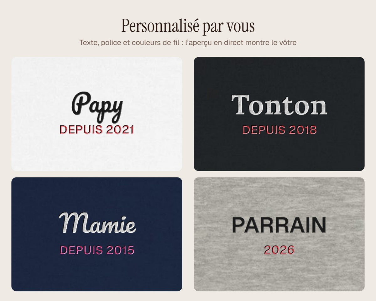 Exemples de personnalisation : Sweat brodé « Mamie depuis… » personnalisé
