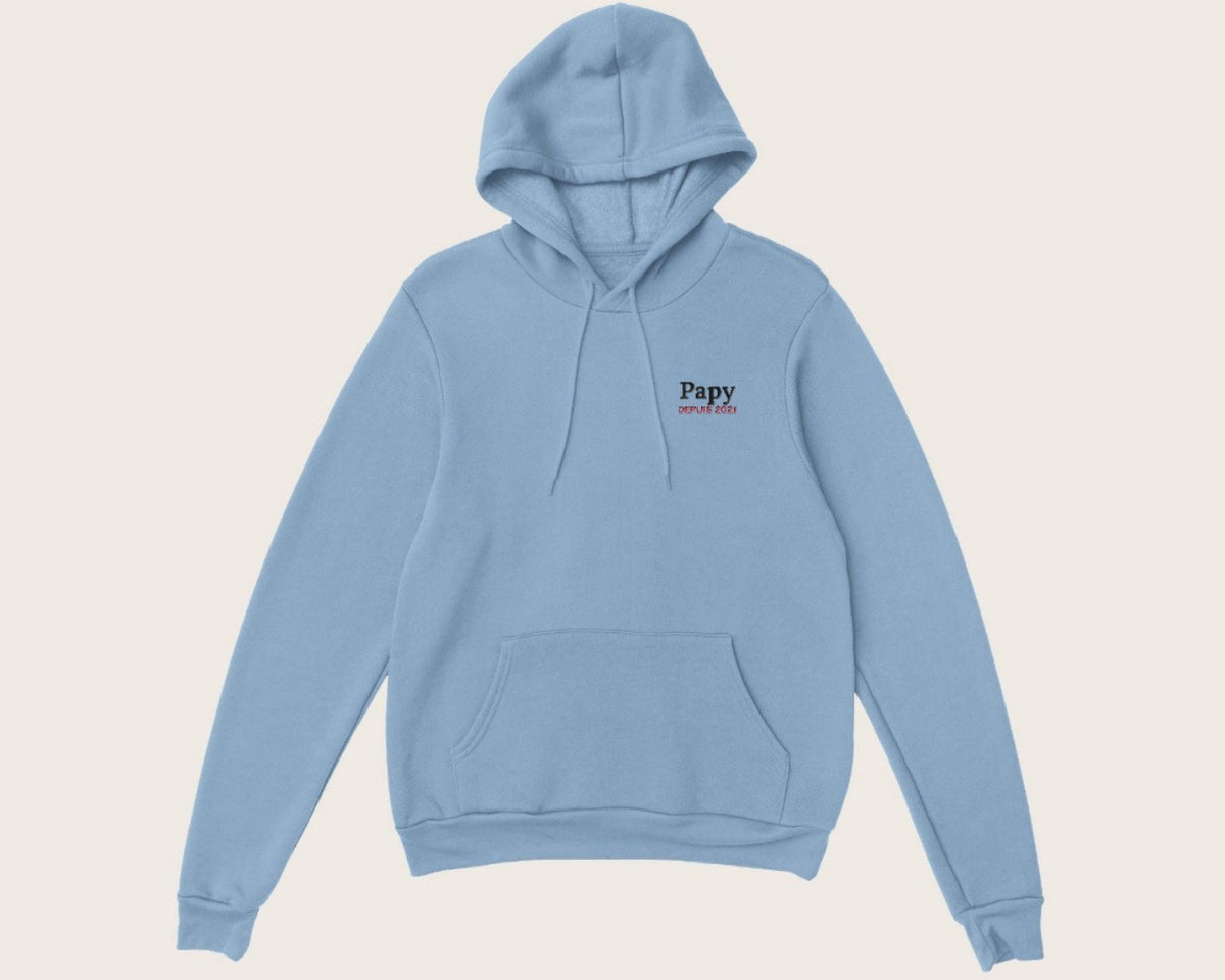 Sweat brodé « Papy depuis… » personnalisé – sweat à capuche bleu ciel