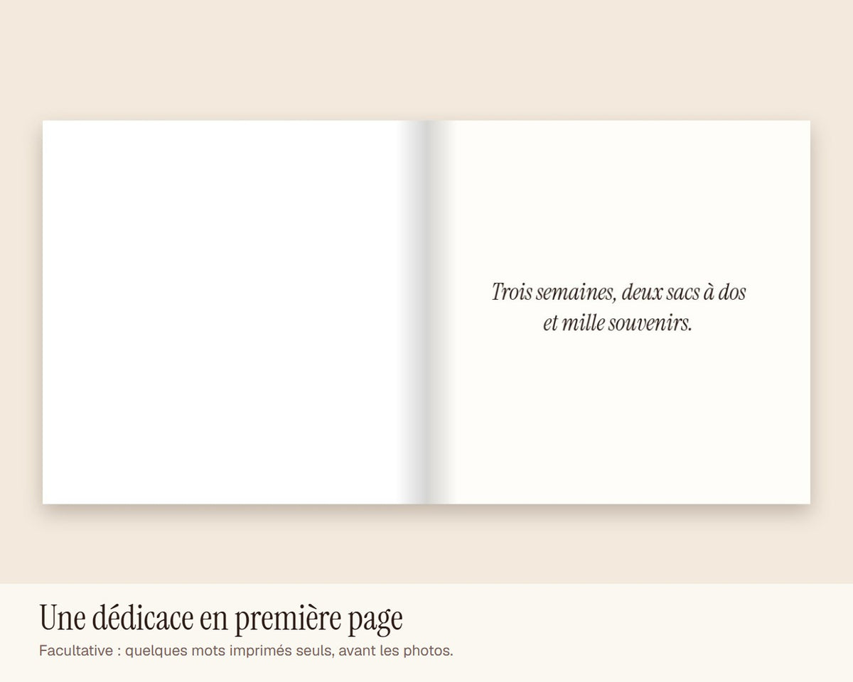 Livre photo de voyage personnalisé – dédicace en première page