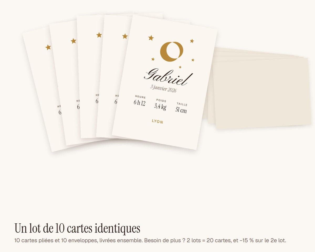 Faire-part de naissance « lune et étoiles » personnalisé (lot de 10) – lot de 10 cartes et enveloppes