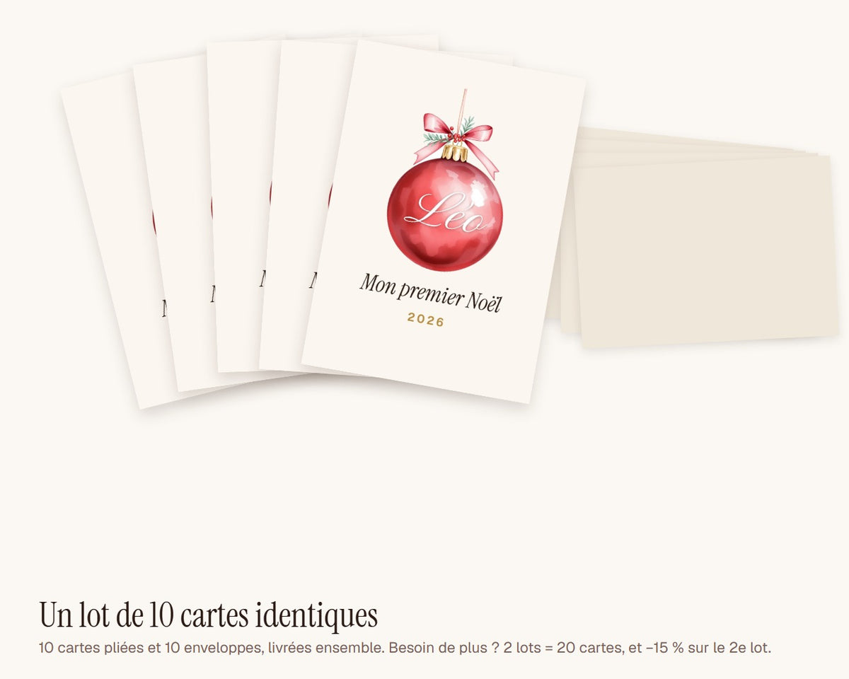 Carte « Mon premier Noël » bébé personnalisée (lot de 10) – lot de 10 cartes et enveloppes