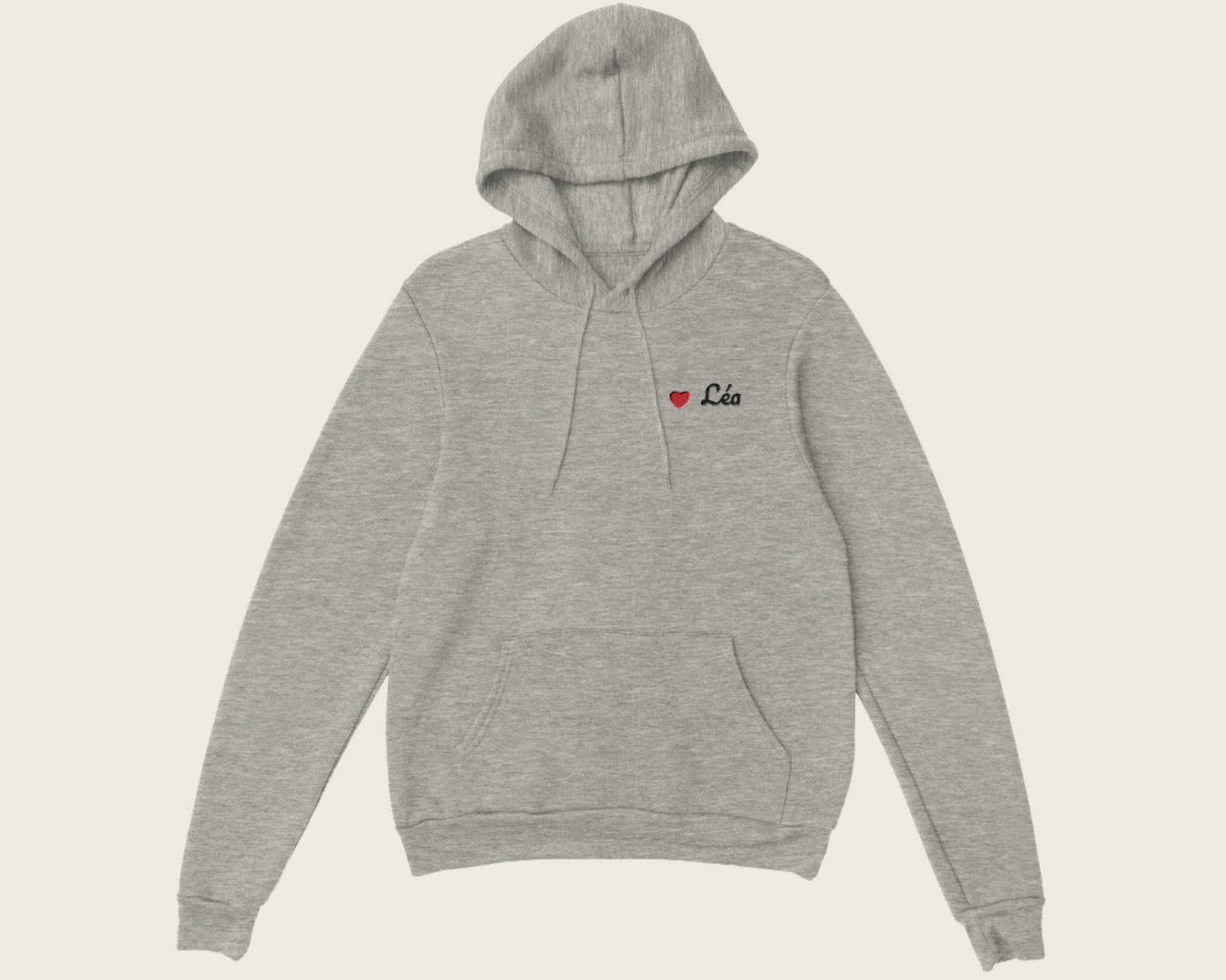 Sweat brodé prénom et petit cœur – sweat à capuche gris chiné