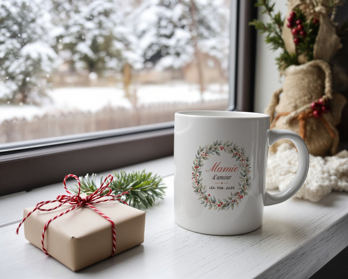 Mug personnalisé « Mamie d'amour » avec les prénoms – mise en situation