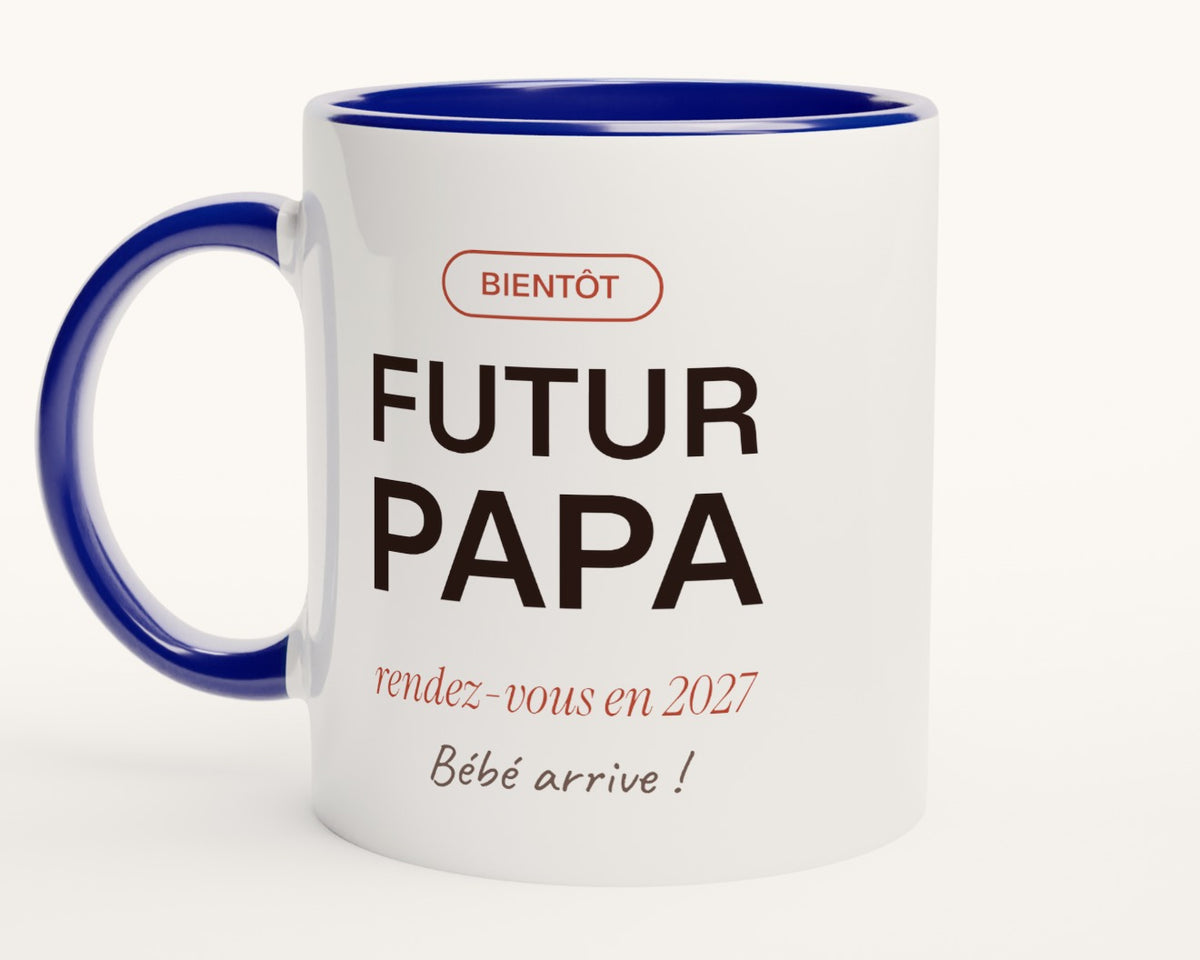 Mug personnalisé « Futur papa » annonce de grossesse – intérieur et anse bleus