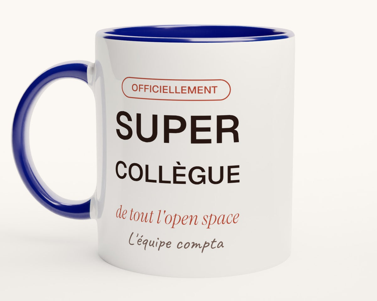 Mug personnalisé « Super collègue » – intérieur et anse bleus
